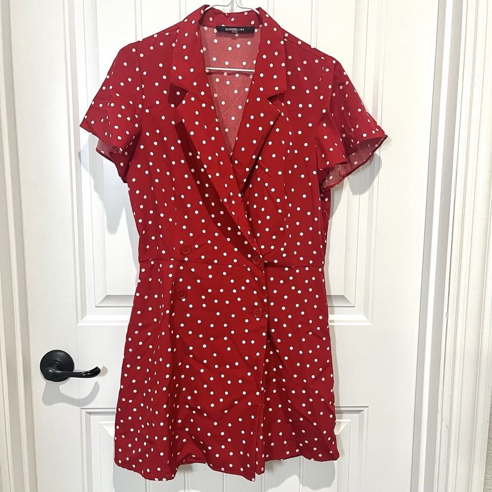 Womens Med Red‎ Polka Dot Romper Dress Retro Style Pinup 1950s 60s Rockabilly